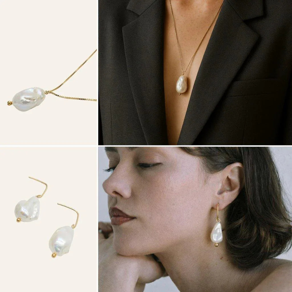 Parure LĂ©ane composĂ©e dâun collier long et de boucles dâoreilles assorties en perles de culture flamme baroques, ensemble Ă©lĂ©gant et harmonieux prĂȘt Ă offrir, idĂ©e cadeau femme de caractĂšre â KoolKado